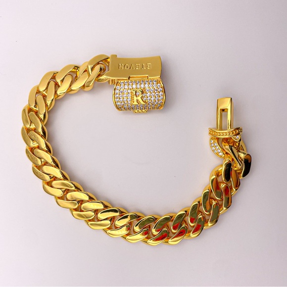 ETEVON Initial “R” Bracelet for Men Link Chain with Box Clasp Cubic Zirconia - Picture 4 of 13